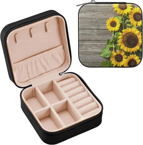 Vista 2 de OTVEE Joyero pequeño de madera con girasoles amarillos otoñales, mini joyero, organizador de joyas de viaje para mujeres y niñas, Otoño Amarillo