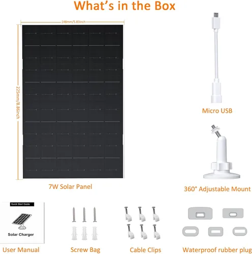 Vista 2 de Panel solar de 7 W para cámara de seguridad, cargador de panel solar compatible con Eufycam 2C/2C Pro/2/2 Pro/E20/E40/E, panel solar USB con puerto