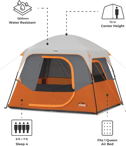 Vista 4 de CORE Tienda de campaña para camping familiar Tienda de campaña portátil para 4 personas y 6 personas con bolsa de transporte para acampar al aire