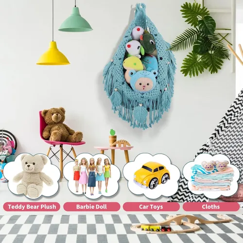 Vista 8 de Hamaca Esquinera para Animales de Peluche - Jumbo de 56'' Hecha a Mano con Cordón Doble de Macramé de 5mm, Red de Almacenamiento de Animales