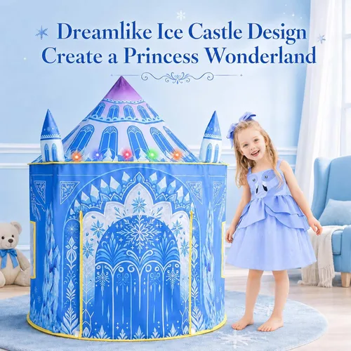 Vista 2 de Amplov Tienda de campaña desplegable de princesa, juguetes de Frozen para niñas, grande de 53" x 41" pulgadas, casa de juegos castillo de hielo