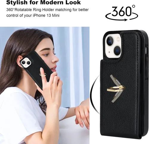 Vista 3 de Folosu Funda compatible con iPhone 13 Mini con soporte para tarjetas, rotación de 360°, soporte de anillo de dedo con función atril, protección