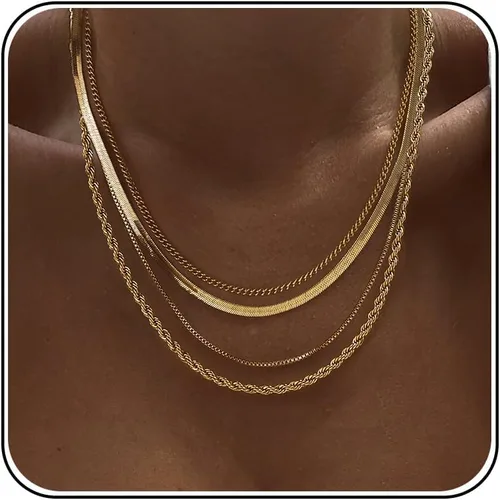 Vista 13 de Tewiky Layered Necklaces for Women Non Tarnish- Chunky 14k Gold Plated Herringbone/Snake/Rope/Box/Cuban Link Chain for Women Waterproof Layering