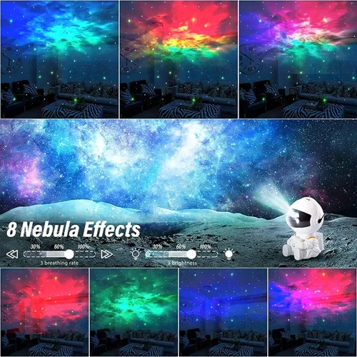 Vista 2 de Proyector de Estrellas de Astronauta, Luz de Galaxia Proyector de Estrellas para Niños, 8 Modos Control Remoto y Luces LED Ajustables de 270°