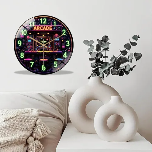 Vista 4 de 12-Inch Silent Tempered Glass Wall Clock, Retro Mini Arcade Clock Neon Art(1) ” Silent Non-Ticking Clock, Battery Operated