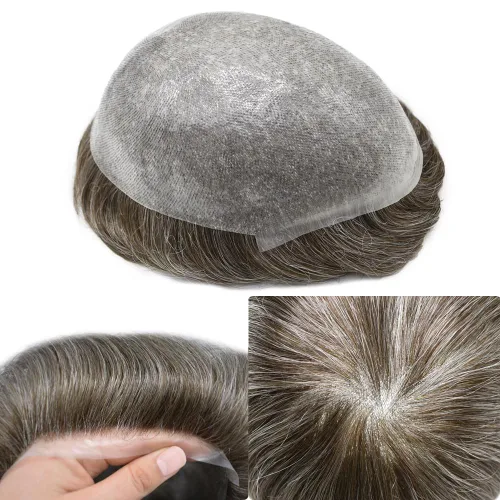 Vista 54 de Tupé de piel ultra fina para hombres pieza de cabello humano real sistema de reemplazo 0.002 in Mens Toupee Hairpiece para hombres V-Loop 8x10 80%