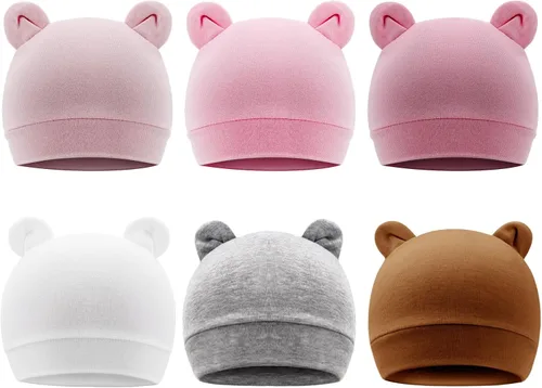 Vista 12 de DRESHOW BQUBO - Paquete de 6 gorros de bebé para niños y niñas, unisex, gorro de punto suave, gorro de guardería para recién nacidos, niños pequeños