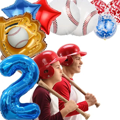 Vista 7 de Globos de béisbol de papel de aluminio para decoración de cumpleaños, globos con el número 2, globos de confeti de estrella roja y azul