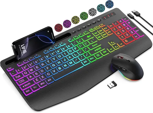 Vista 14 de Combo de teclado y mouse inalámbricos SABLUTE - 9 efectos retroiluminados, 2.4 GHz Ergo Wrist Rest, Phone Holder, Full Size, Rechargeable, Sleep