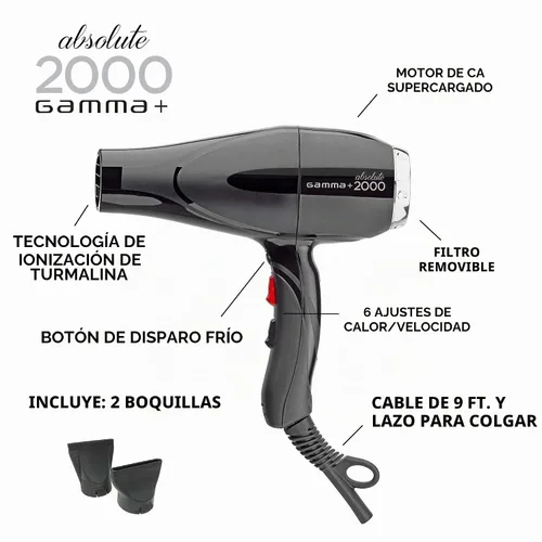 Vista 2 de Gamma+ Absolute Power and Absolute 2000 - Secador de pelo profesional de turmalina iónico unisex con 2 boquillas concentradoras