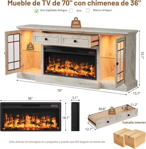 Vista 3 de Soporte de TV con chimenea de hasta 80" TVs, centro de entretenimiento moderno de 70" con chimenea eléctrica de 36" y luces LED, consola multimedia