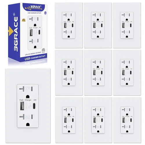 Vista 10 de 3GRACE Toma de corriente USB de pared, receptáculos de tomas de cargador con puertos USB C de 4.2 A, enchufe dúplex de 20 amperios resistente a