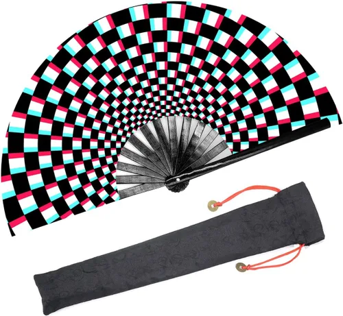 Vista 8 de Ventilador de mano plegable grande para mujeres/hombres, chino/japonés con bambú y tela de nailon, para actuaciones, decoraciones, bailes, fiestas