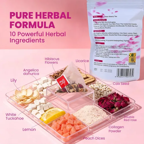 Vista 4 de Wins Town 7 Days Beauty Tea, té de hierbas para el cuidado de la piel, 14 unidades Sin cafeína, mezcla de bienestar botánico con hibisco, rosa