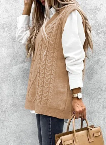 Vista 2 de NALANISA Suéter sin mangas con cuello en V para mujer, de gran tamaño, casual, holgado, de punto trenzado, sin botones, para otoño e invierno