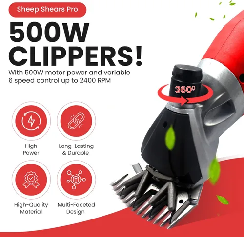 Vista 2 de Cortadora eléctrica profesional de 110 V 500 W con 6 velocidades, 2 cuchillas, afeitado de lana de piel en ovejas, cabras, ganado, mascota de ganado