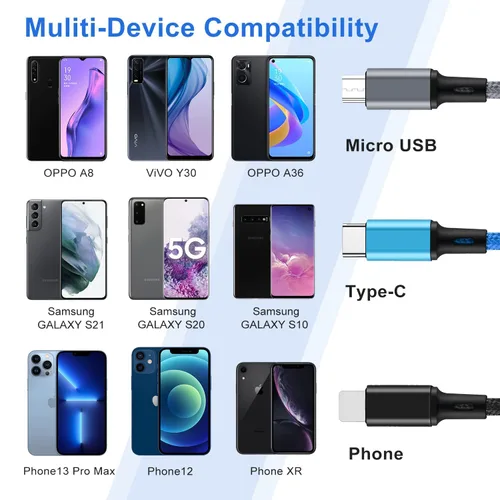 Vista 3 de Cable de carga múltiple, USB C a 4 en 1 de nailon trenzado dual Lightning/tipo C/Micro Port Cable de carga rápida para iPhone 17, 16, 15, 14, 13 Pro