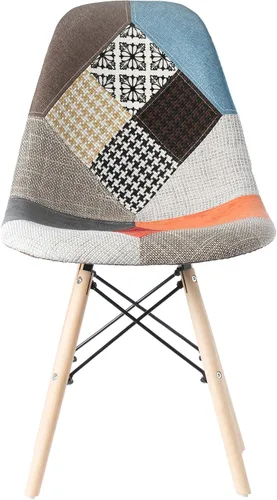 Vista 5 de Silla de comedor moderna de mediados de siglo tapizada de plástico multicolor Patchwork DSW Shell con patas Eiffel de clavija de madera