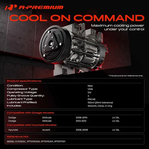 Vista 2 de A-Premium Compresor de A/C con embrague compatible con Hyundai Accent 1.6L 2006-2009, Dodge Attitude 1.6L 2006-2010 2012