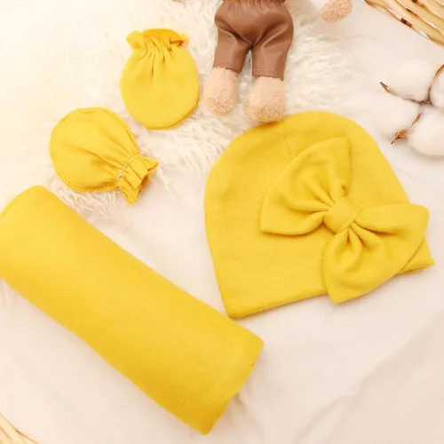 Vista 6 de DRESHOW BQUBO Manta de recepción para recién nacido con juego de sombrero con moño y guantes, manta de algodón para envolver al bebé, saco de dormir