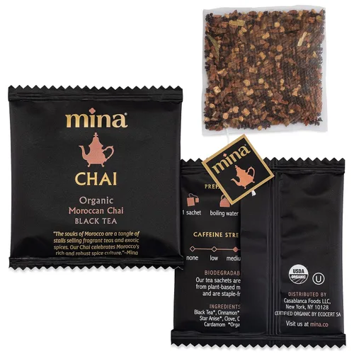 Vista 4 de Mina Chai marroquí, bolsas de té negro orgánico, té Chai orgánico con canela, anís estrella de jengibre, clavo y cardamomo, Chai Latte caliente