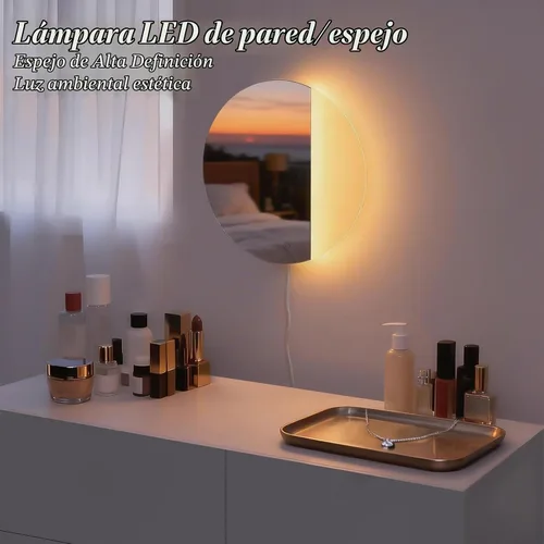 Vista 3 de ONEWISH Aplique de pared LED, lámpara de pared con espejo regulable, luces de pared redondas de 16.93 pulgadas para dormitorio con función