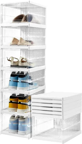 Vista 9 de ZLLZUU Caja de almacenamiento de zapatos, organizador de zapatos plegable de 6 niveles sin ensamblaje con puerta transparente, estante para zapatos