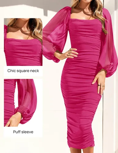 Vista 3 de ZESICA Vestido midi sexy y fruncido para mujer 2023, manga larga, cuello cuadrado, espalda descubierta, cóctel, fiesta, boda