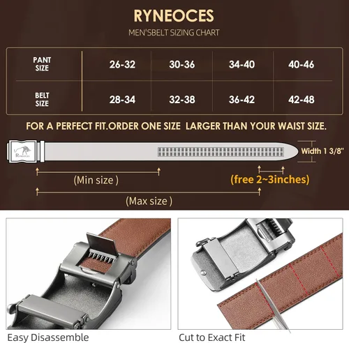 Vista 3 de Cinturón de trinquete para hombres,Cinturón de vestir de cuero genuino de 1 38 pulgadas con hebilla ajustable deslizante,Pantalones de hombre camisa