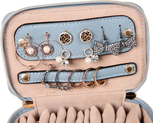 Vista 5 de Angelinas Palace Estuche organizador de joyas regalos de dama de honor bolsa de viaje caja de cuero vegano para collar aretes pulsera anillo azul