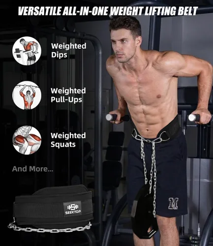 Vista 3 de Seektop Dip Belt With Chain for Weightlifting - Neoprene Waist Belt for GYM Workout, Pull Ups, Crossfit, Weight Lifting, Squat, Training, Fitness