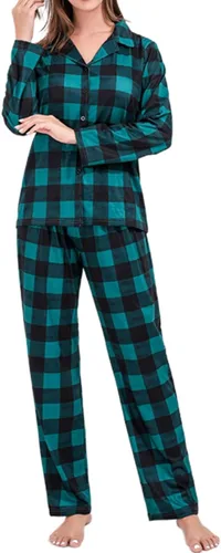 Vista 3 de BZSFW Conjunto de pijamas de Navidad familiares a juego, pijamas de Navidad a cuadros rojos con botones para adultos y niños