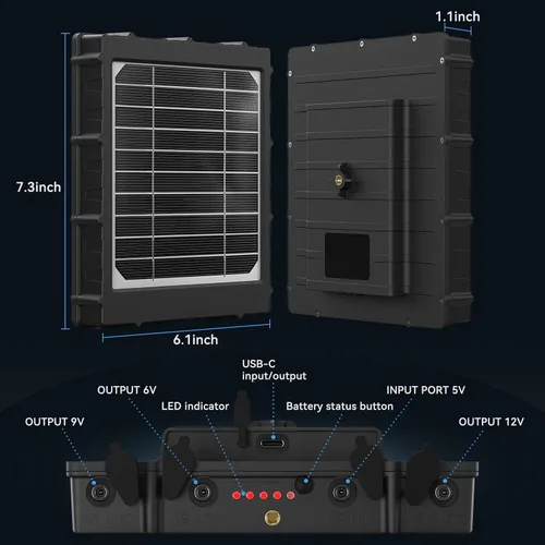 Vista 5 de Panel solar para cámara de sendero: Panel solar de cámara de caza de 6V/9V/12V con USB-C, cargador de batería de litio recargable incorporado