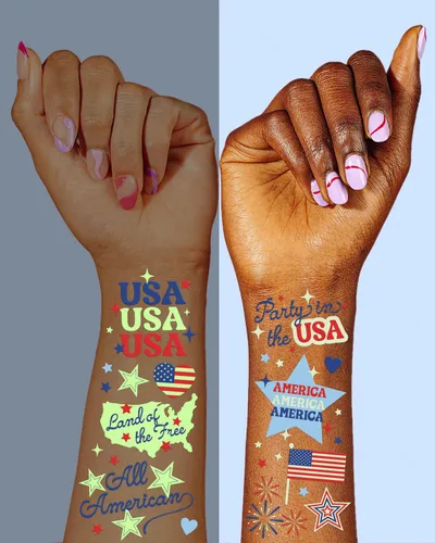 Vista 3 de xo, Fetti Tatuajes del 4 de julio - 54 diseños que brillan en la oscuridad Decoración patriótica para fiestas, rojo, blanco y azul, bandera