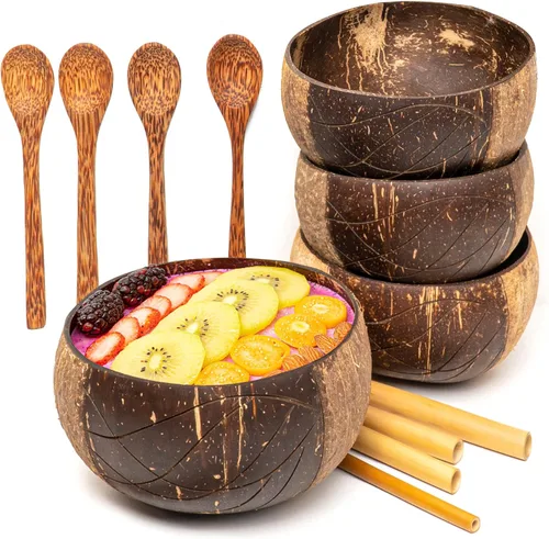 Vista 5 de Rainforest Bowls Juego de 2 cuencos de coco Jumbo Waves, 2 cucharas de madera y 2 popotes de bambú reutilizables, 100% naturales, tallados a mano