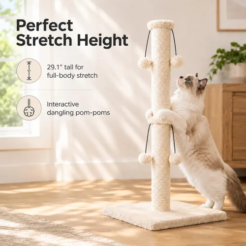 Vista 6 de Dimaka Poste rascador para gatos de 34 pulgadas, Poste rascador para gatos, Rascador para gatos grandes con pelota de juguete tentadora, Sisal Beige