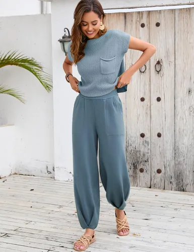 Vista 5 de Ugerlov Conjunto de dos piezas para mujer, suéter de punto y pantalones de cintura alta