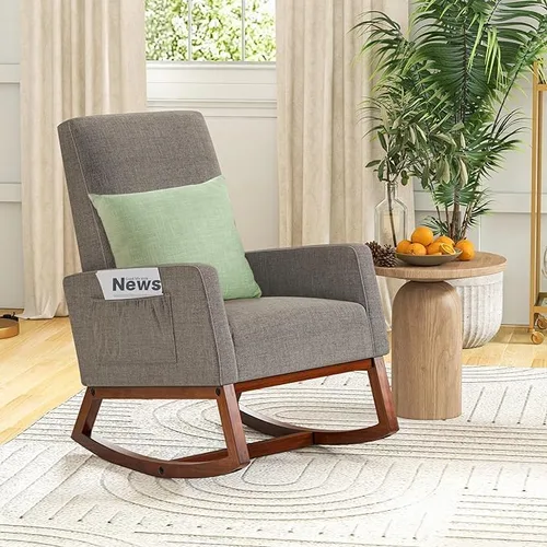 Vista 2 de MEDIMALL Cómoda mecedora, sillón moderno de tela con base de madera, bolsillo lateral, asiento acolchado de lino, adecuado para sala de estar