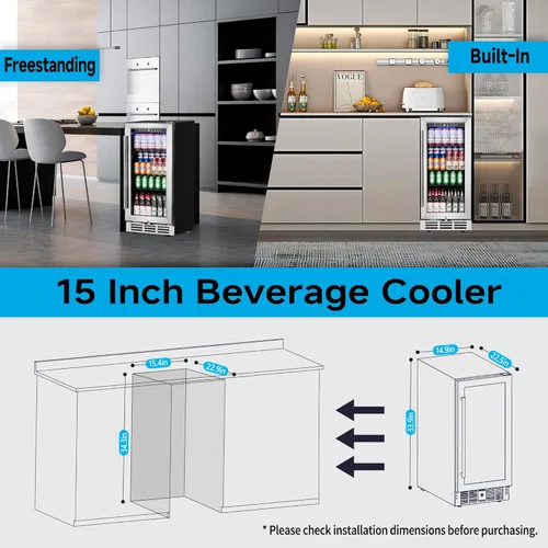 Vista 5 de Feelfunn Refrigerador de bebidas de 15 pulgadas bajo mostrador – Refrigerador de bebidas de 126 latas con puerta de vidrio para cerveza, vino y soda