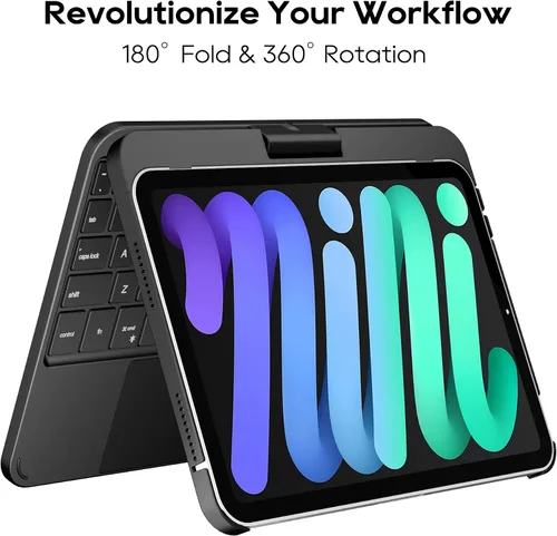 Vista 2 de edaiser Funda de teclado giratoria para Apple iPad mini 6ª 7ª generación a17 Pro, teclado Bluetooth compacto con trackpad retroiluminado RGB