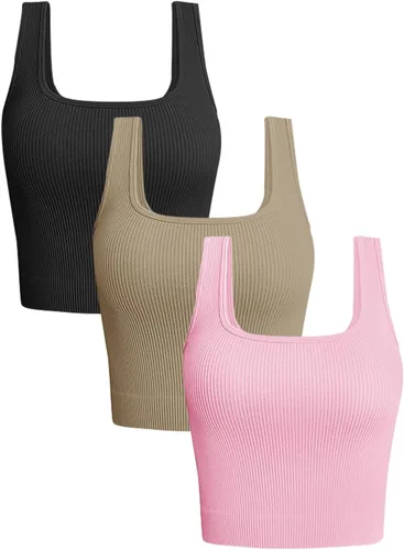 Vista 10 de OLCHEE - Camisetas cortas sin mangas para mujer, pack de 3, básicas, sin costuras, acanaladas, cuello cuadrado, para entrenamiento, verano Negro +