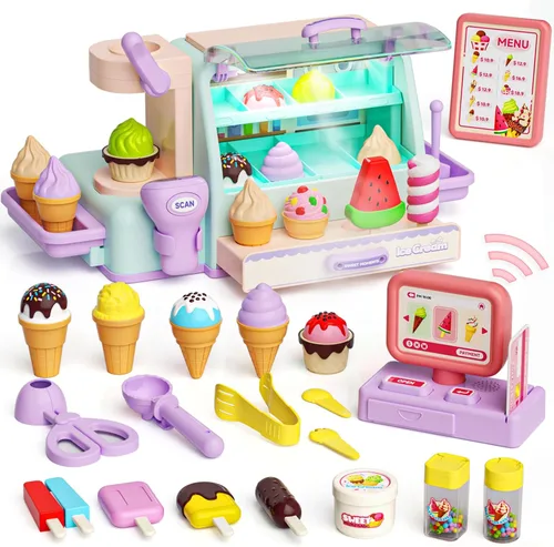 Vista 7 de Juego de juguetes de helado, tienda de juegos de simulación, contador de helados con luz, juego para hacer helados, juguete de cajero con sonido