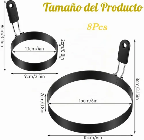 Vista 2 de Juego de 8 anillos de huevo de 3.5 pulgadas, molde para panqueques de 6 pulgadas con mango de silicona, anillo de huevo para panqueques, moldes