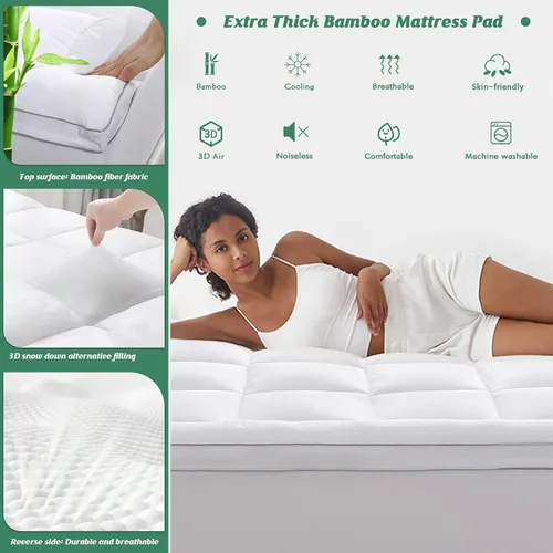 Vista 2 de GRT Cubrecolchón tipo almohada Individual, de rayón con cubierta de bambú, acolchado con relleno alternativo de plumón 3D de 900gsm, colchón