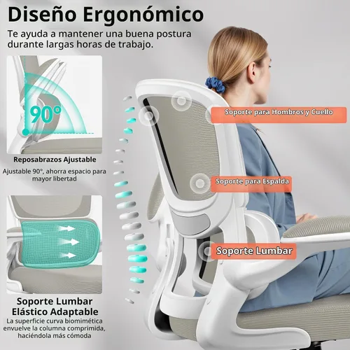 Vista 5 de BESTFAIR Silla de oficina ergonómica de malla, silla de escritorio de malla transpirable, soporte lumbar ajustable, reposabrazos abatibles, silla