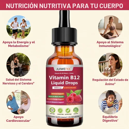 Vista 3 de Vitamina B12 líquida gotas 5000 mcg – Extra Strength B12 Metilcobalamina con B1 B6 B3 Folato Niacina – Absorción rápida Sublingual B-12 Gotas