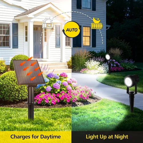 Vista 4 de T-SUN Focos solares al aire libre impermeables, luces de paisaje solares 2 en 1 LED para jardín, focos solares para árbol, jardín, estanque, piscina