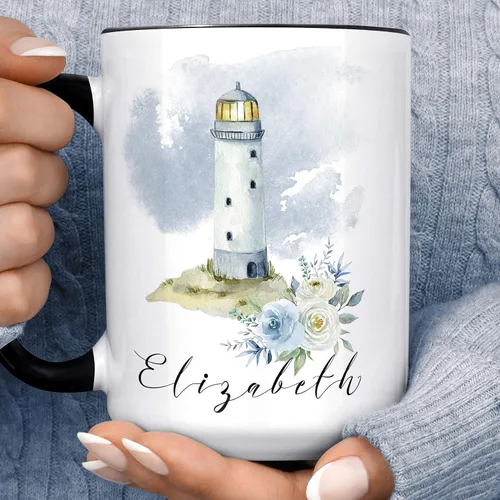 Vista 5 de Taza de cerámica personalizada con faro floral azul