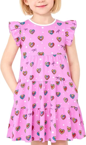 Vista 12 de Vestido casual para niñas, de algodón suave, manga corta, transpirable, acampanado, para adolescentes, talla 2T, 3T, 4T, 5, 6, 7, 8, 9, 10, 12, 13