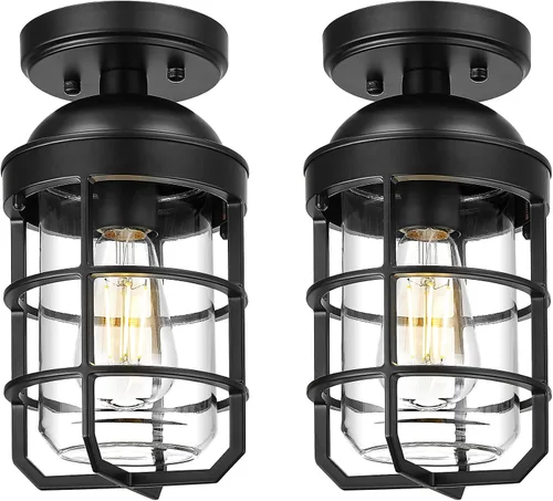 Vista 16 de Emliviar Lámpara de techo estilo granja, luz semiempotrada vintage para interior, luz de seguridad con vidrio templado transparente, acabado